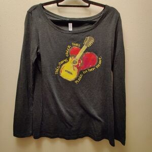 dark Gray Long Sleeve Top with Guitar Graphic